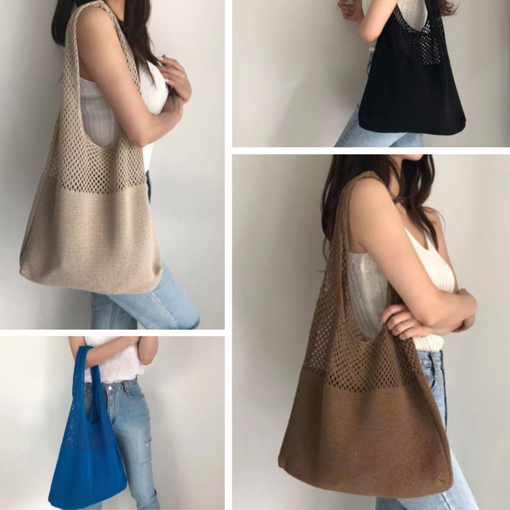 Minzy - Tas Rajut Berongga Retro Korea / Maxi Knitted Bag / Tas Totebag Fashion Wanita Viral Rajut /