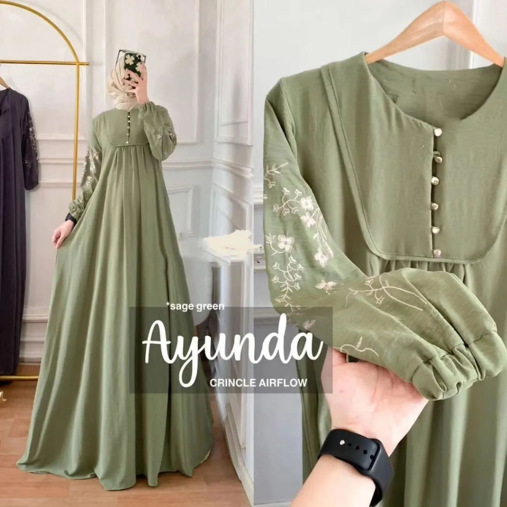 New Ayunda Dress Bahan Crinkle Airflow Aplikasi Bordir Bunga Terbaru Fashion Wanita Muslimah Kekinia