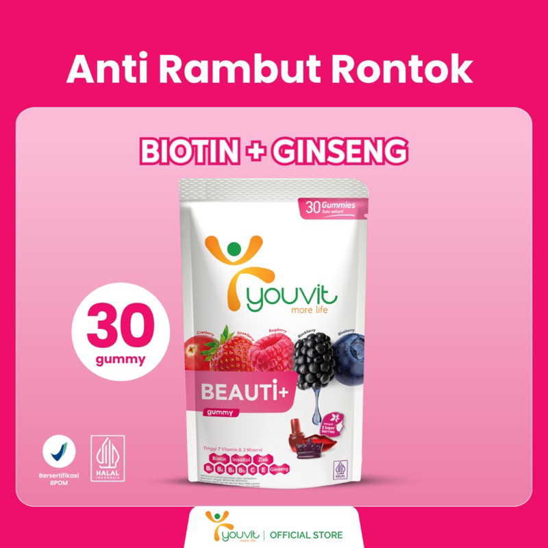 Biotin Gummy untuk Vitamin Rambut Rontok | Youvit Beauti+ 30 Hari