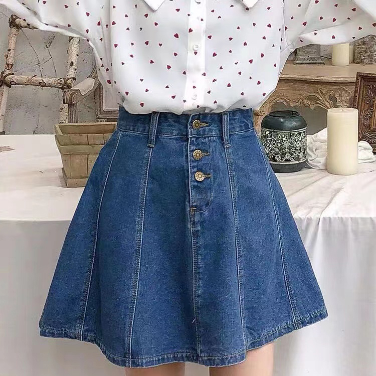 【wanita.id】rok plisket korean skirt midi rok denim pendek rok high waist rok denim rok daily