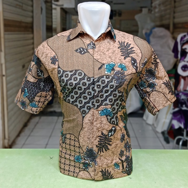 Batik pria kemeja lengan pendek coklate nude katun mikro