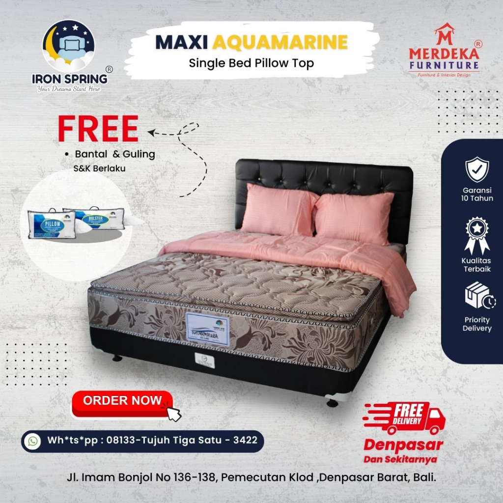 Kasur Iron Spring New Maxi Aquamarine Single Bed Pillow Top-Spring Bed 160x200