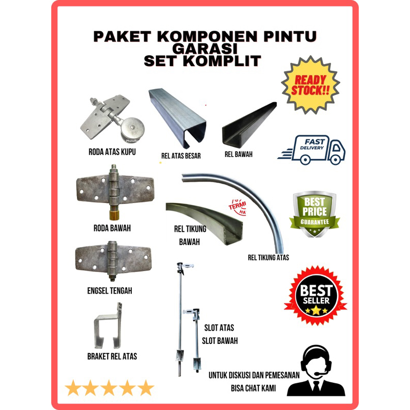 Paket komponen garasi tikung 5meter 7 daun pintu rel besar pintu besi kayu