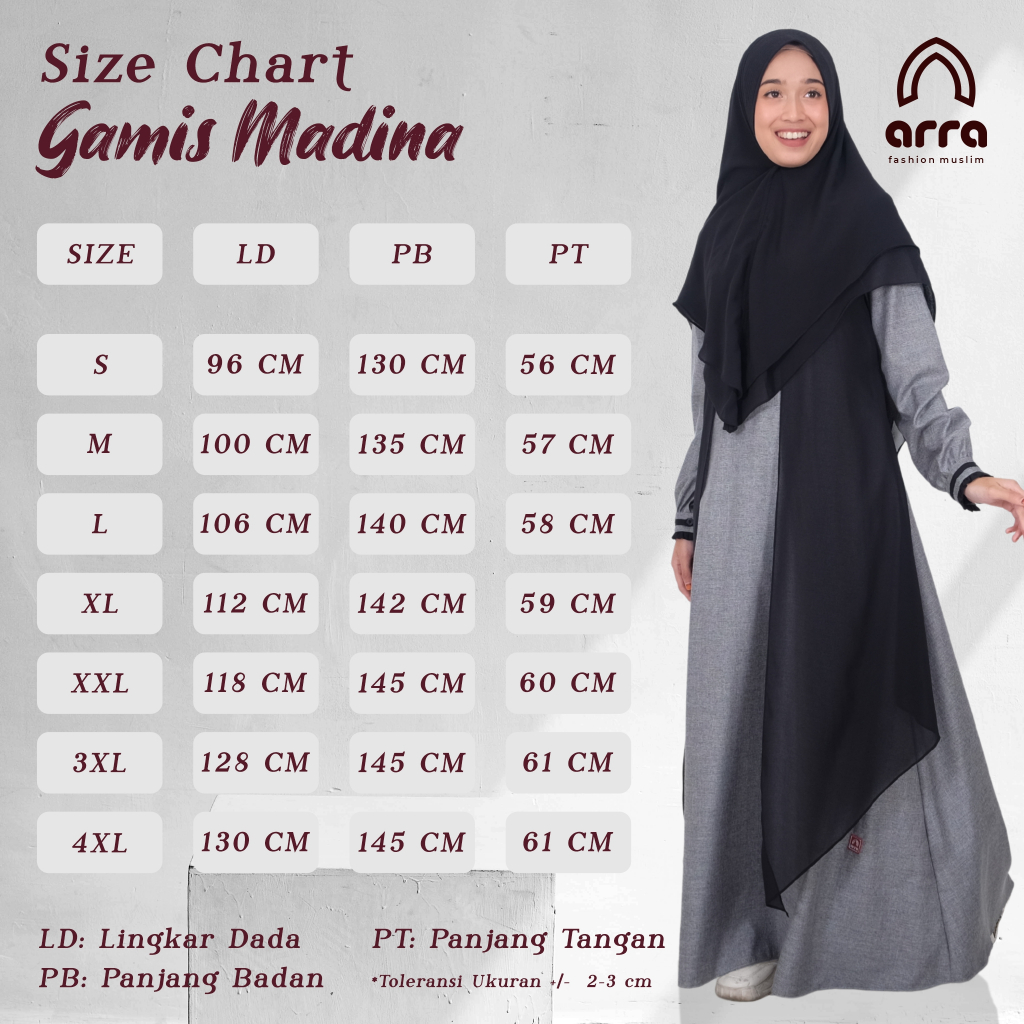 ARRA - Baju Gamis Madina Fashion Muslim Wanita Dewasa Warna Charcoal Maroon Sky Blue Bahan Madina Cotton Mix Ceruty - Size S M L XL XXL  3XL 4XL