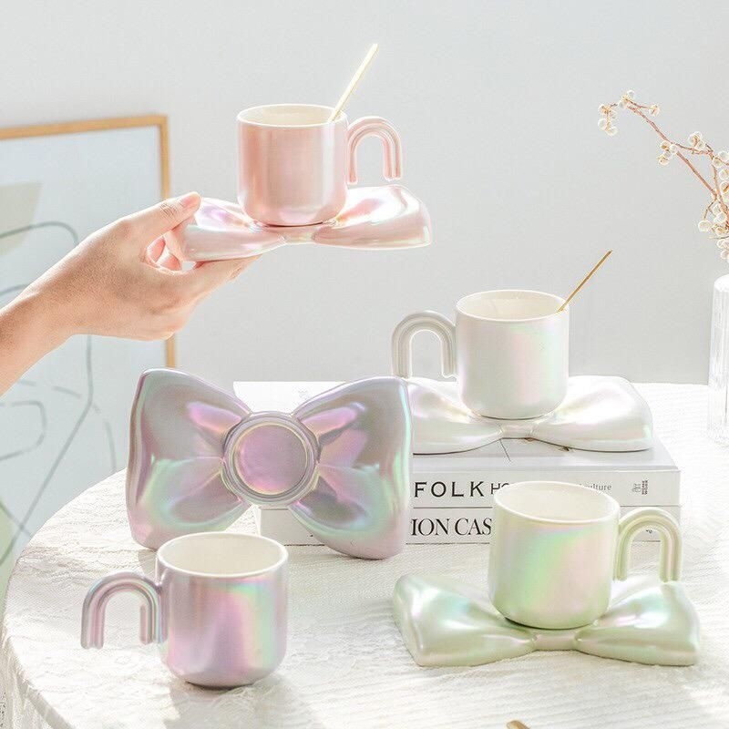 Ribbon Pearl Ceramic Coffee Cup Cangkir Kopi Unik Cangkir Keramik Mewah Cangkir Estetik Aesthetic Te