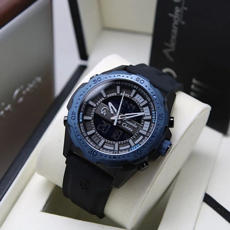 ALEXANDRE CHRISTIE AC 9370 Black blue DUALTIME JAM TANGAN PRIA ORIGINAL