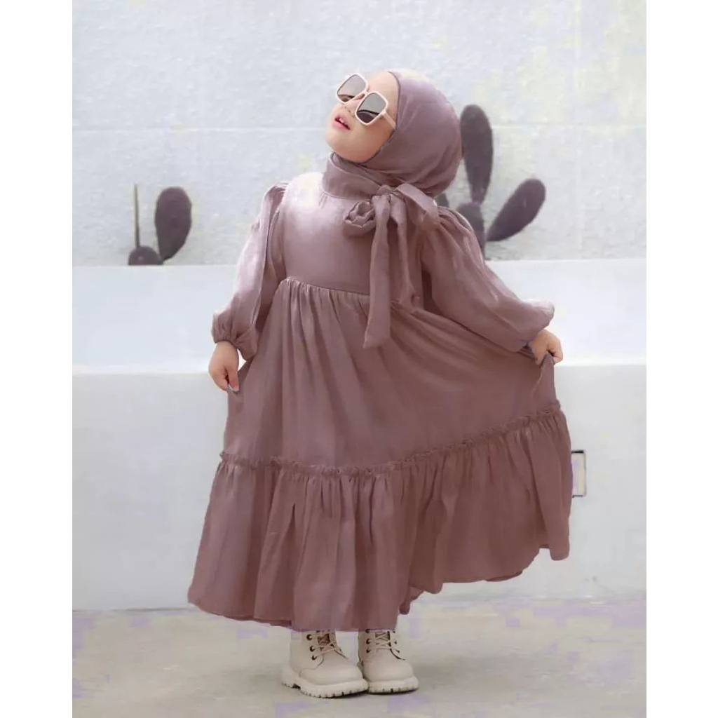 [SYABINA FASHION] Arsyila Kids + Jilbab Bahan Kain Satoni Shimer Baju Gamis Dress Setelan Polos Anak Perempuan Terbaru Lebaran Simple Elegan Kekinian Usia 4-9 Tahun Bayar Ditempat