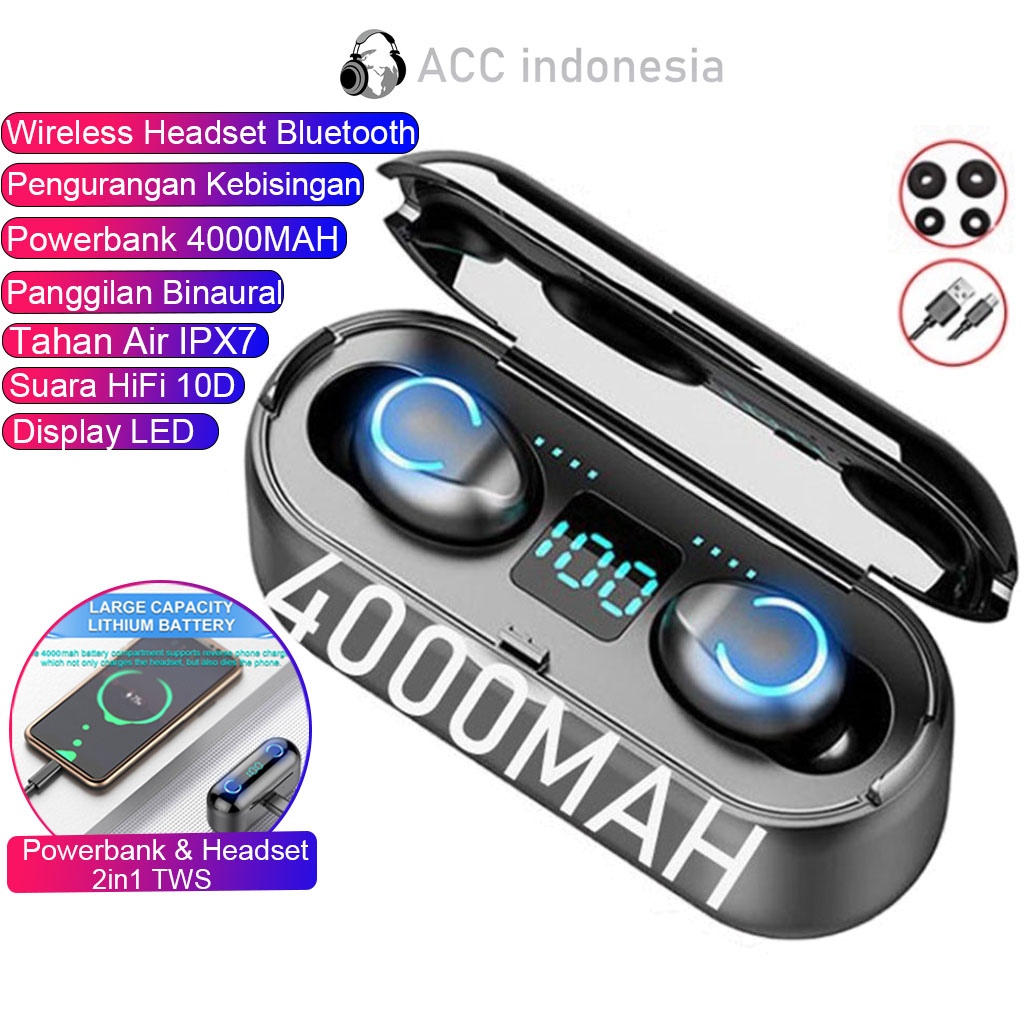 Headset Bluetooth F9 TWS Earphone Bluetooth 5.3 NIRKabel Powerbank 4000MAH Display Headphone