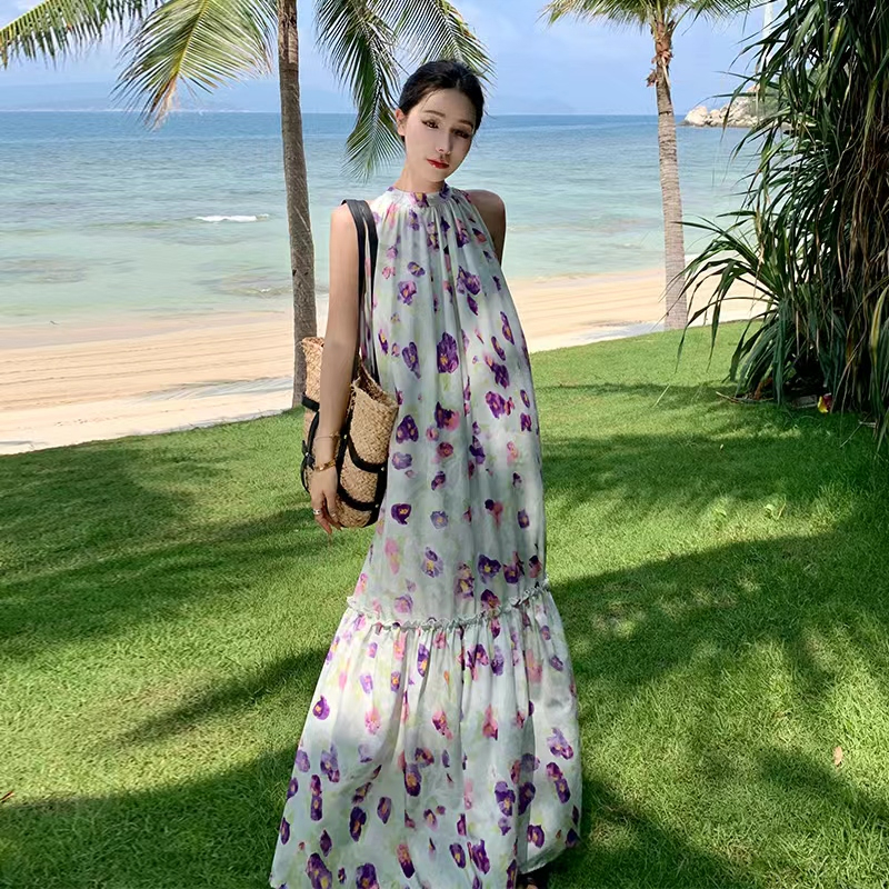 𝐑𝐄𝐀𝐃𝐘 𝐒𝐓𝐎𝐂𝐊 𝐒𝐀𝐅 - SAHARA purple colorful halter neck long dress woman premium / korean summer dress 