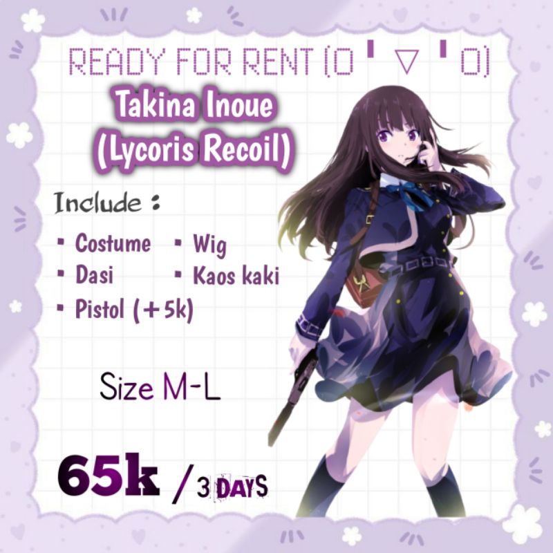 (RENTAL/SEWA) TAKINA INOUE COSPLAY COSTUME TAKINA LYCORIS RECOIL COSTUME COSPLAY ANIME MURAH COSTUME