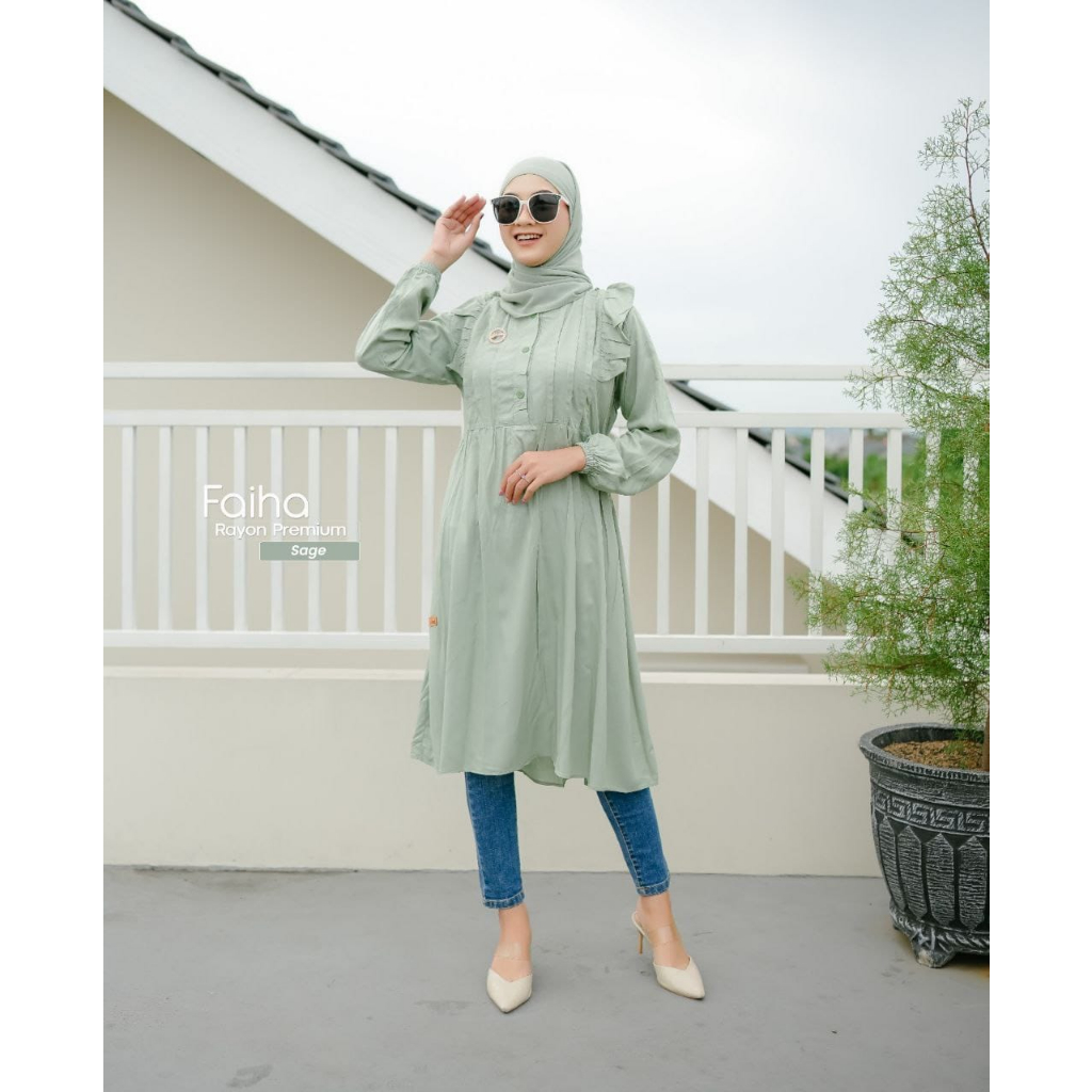 Tunik Faiha / Ready Warna Sage / Atasan Wanita Rayon Polos