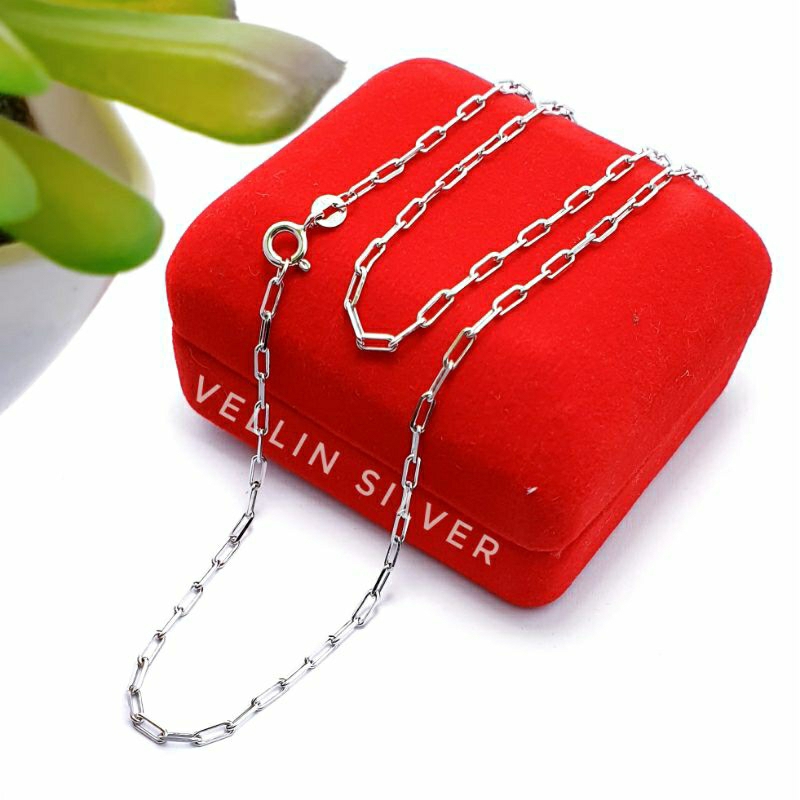 Kalung Perak 925 Asli Lapis Emas Putih / Kalung Paperclip Pria Wanita Silver Asli Cap S925