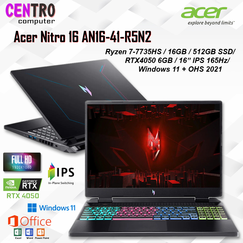 Laptop Acer Nitro 16 AN16 41 Ryzen 7 7735HS 16GB 512GB RTX4050 Win11