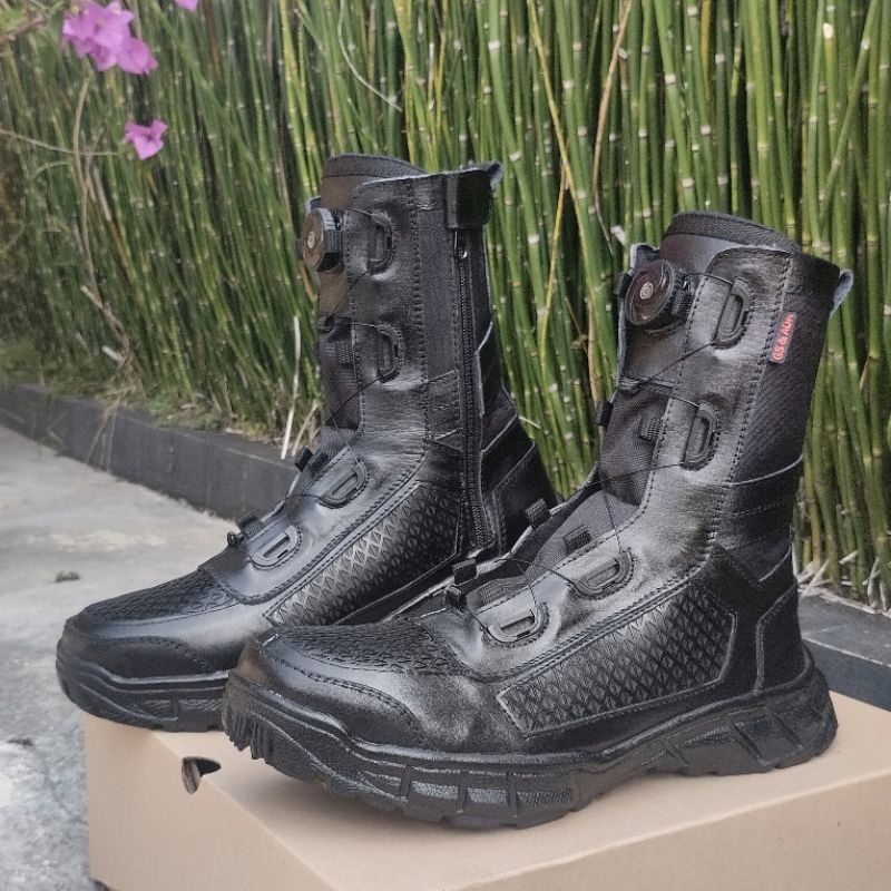 Sepatu PDL Tali Putar Bahan Kulit Asli dan Kanvas Anti Air