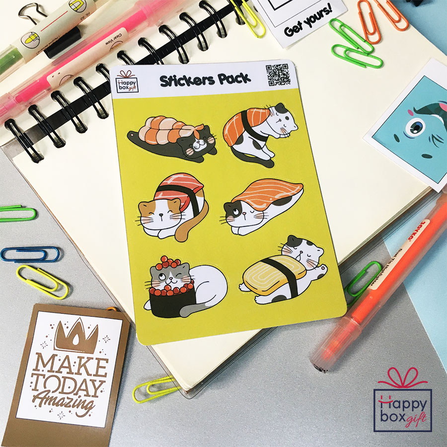 

6Pcs STICKER STIKER PACK AESTHETIC SUSHI CAT JOURNAL DECOR LAPTOP