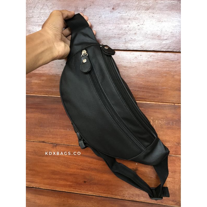 Kompek pria bahan kulit PU - tas pinggang cowok hitam polos - waistbag