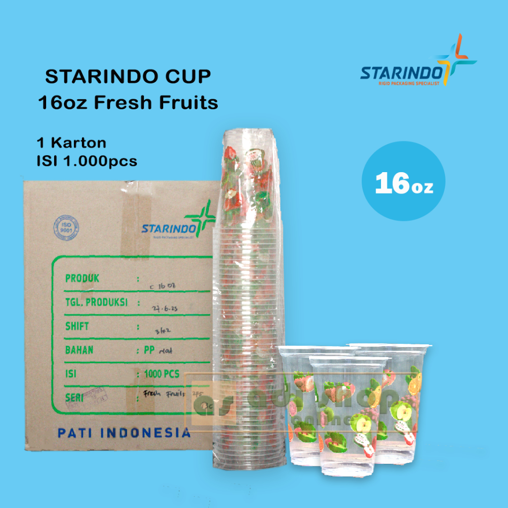 Cup Buah STARINDO 16oz / Gelas Cup Plastik Fresh Fruit / motif buah 1 Karton isi (1.000pcs)