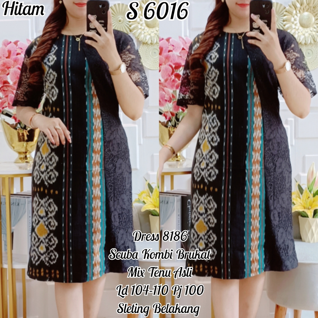 S 6016# Dress Scuba Kombinasi Brukat Mix Tenun 8187