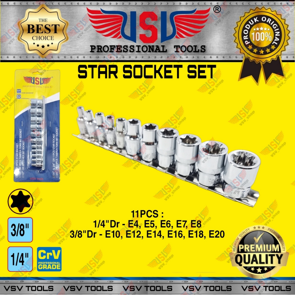 Kunci Sok Bintang Set 11pcs E4-E20 kunci Bintang Sock VSV Star Socket 1/4"&3/8"Dr Set