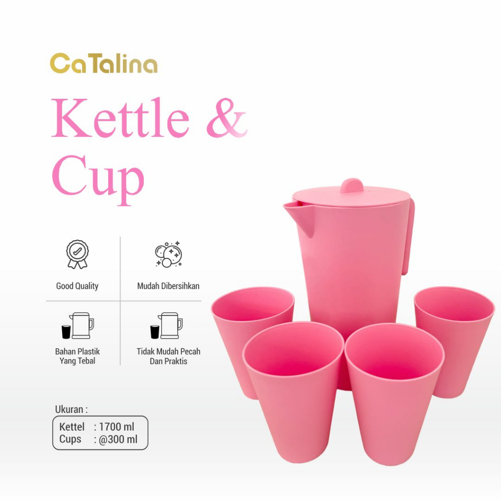 Teko plastik set kettle pitcher set jug 1.7 ltr + 4 cangkir peralatan dapur pink