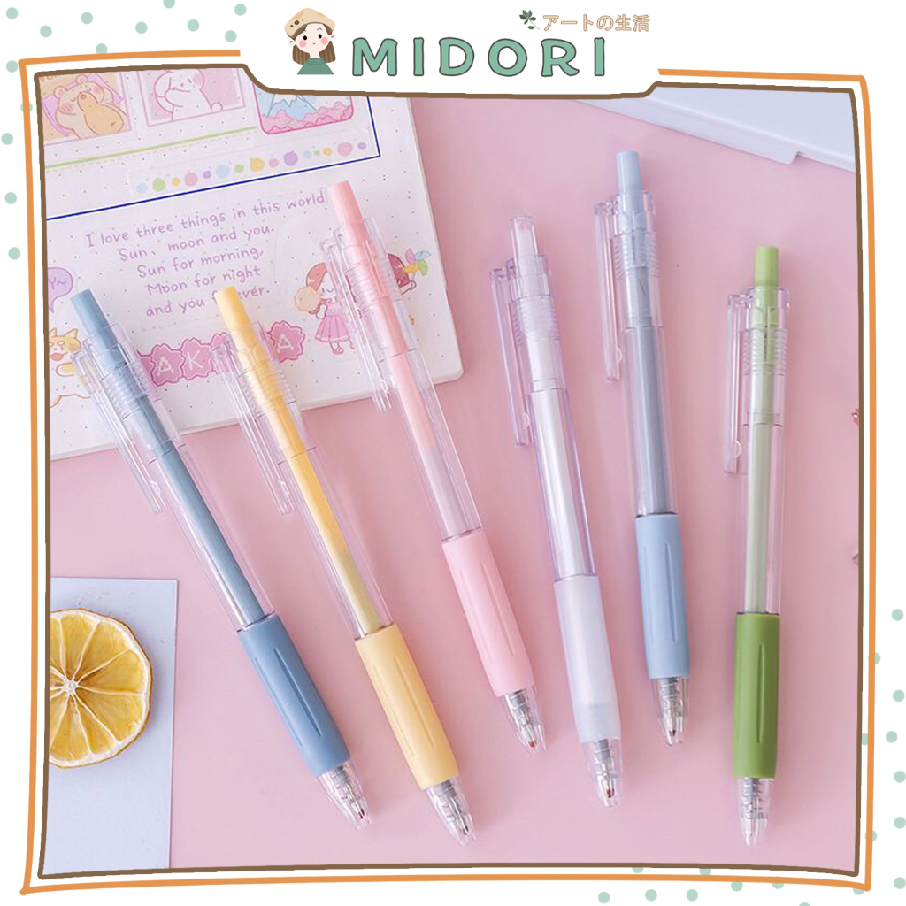 

[MIDORI] 1Pcs PENA TRANSPARANT MACARON Mekanik Pen Gel Rectrable Pen Black 0.5mm Minimalist - D0048