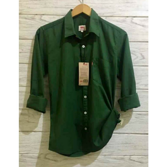 Terwuwu kemeja panjang pria cowok gatlemen cowok biru navy dongker polos formal kantor-Hijau botol