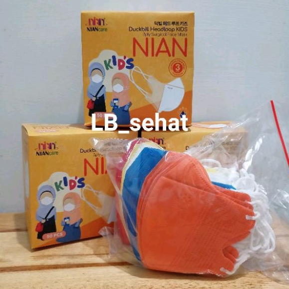 Masker Duckbill Hijab Anak Niancare Mix 5 Warna Isi 50 Pcs 3 Ply/Masker Medis Duckbill Anak Headloop