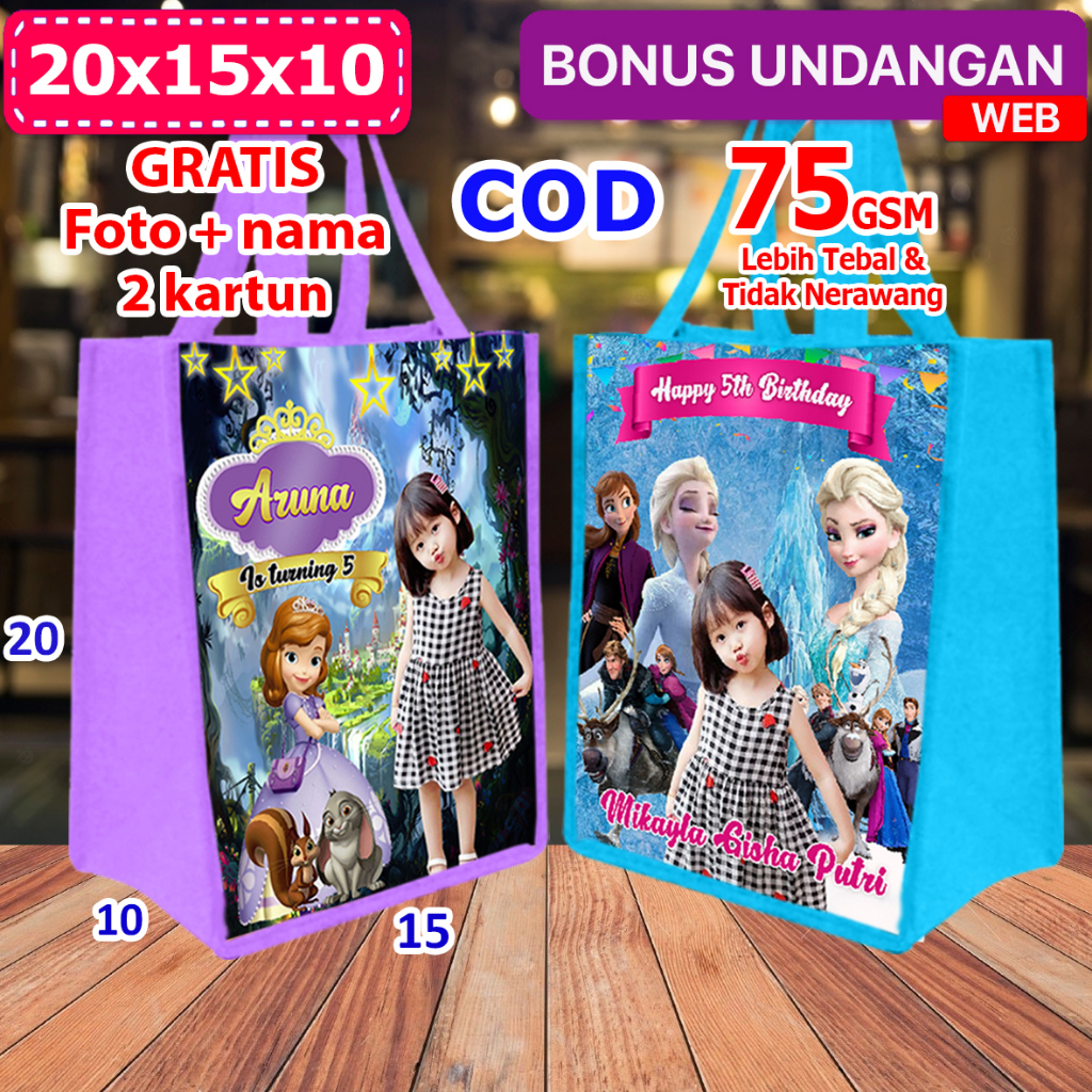 

Uk Mini 20x15x10 Tas snack ultah anak custom foto & nama Sofia