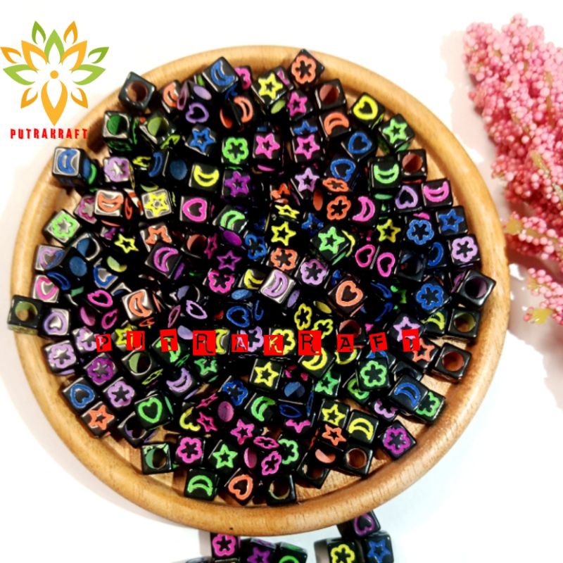 {100 Pcs} Manik Manik Mote Kotak Mote Motif Mix Balok Mute Alfabet Dadu