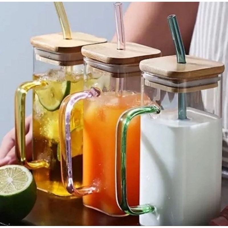 Gelas juice tutup kaca bamboo sedotan kaca korea juice glass gift kado