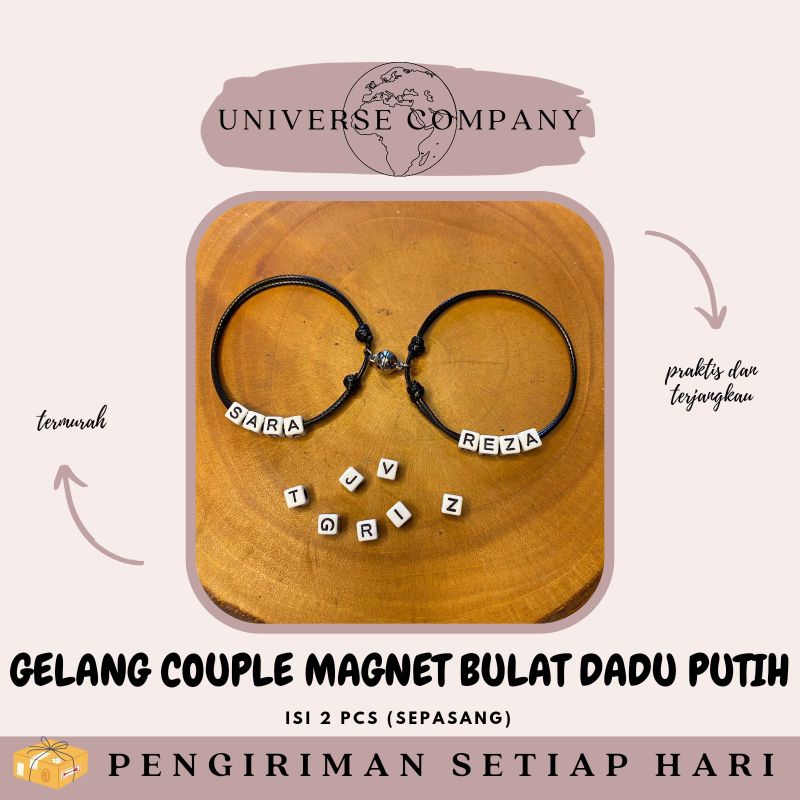 [UC] GELANG COUPLE NAMA MAGNET BULAT (DADU PUTIH) / GELANG NAMA COUPLE / GELANG DADU PUTIH / GELANG 
