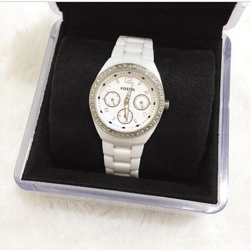 Original Fossil Watch White Chain Strap Jam Tangan Wanita Branded Ori Putih Stainless Steel Mata Cry