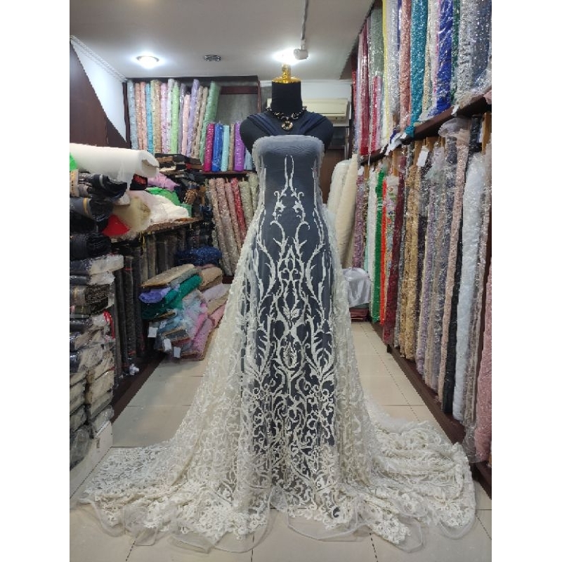 Kain Tile Brokat Payet Batu Payet Akar Premium Bridal Offwhite