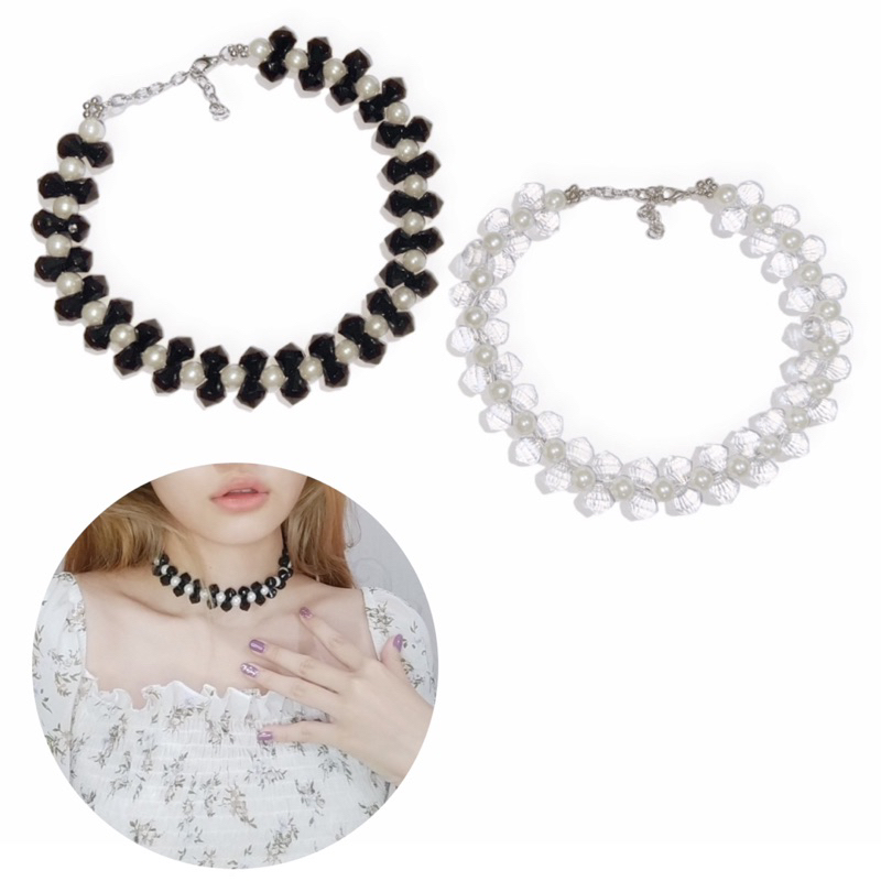 Marella Crystal Pearl Choker Necklace Kalung Mutiara Anyam