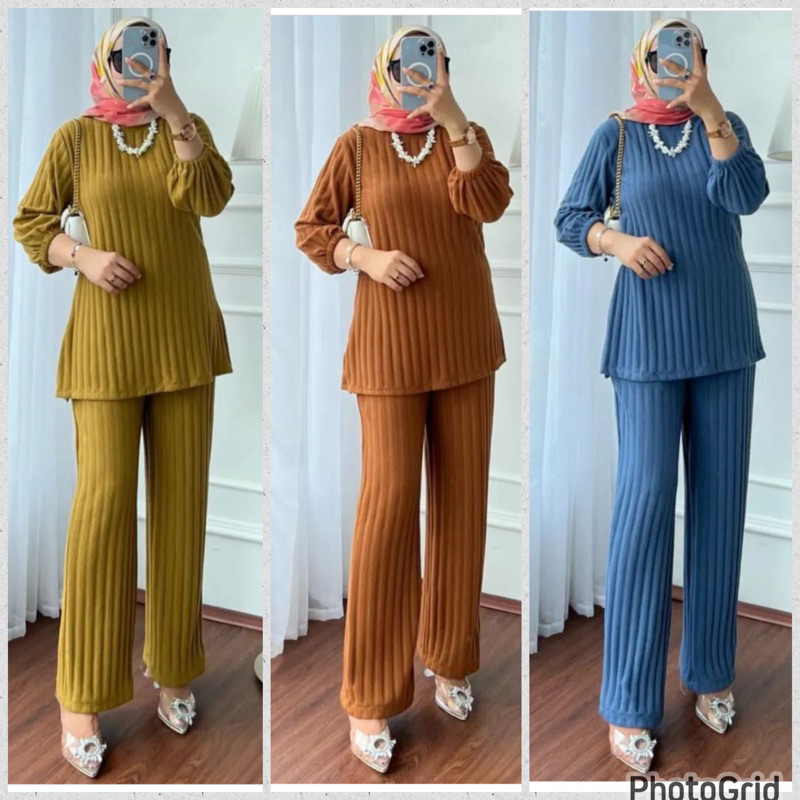 denolla set setcel kaos knit tangan karet setelan celana wanita kaos knit premium