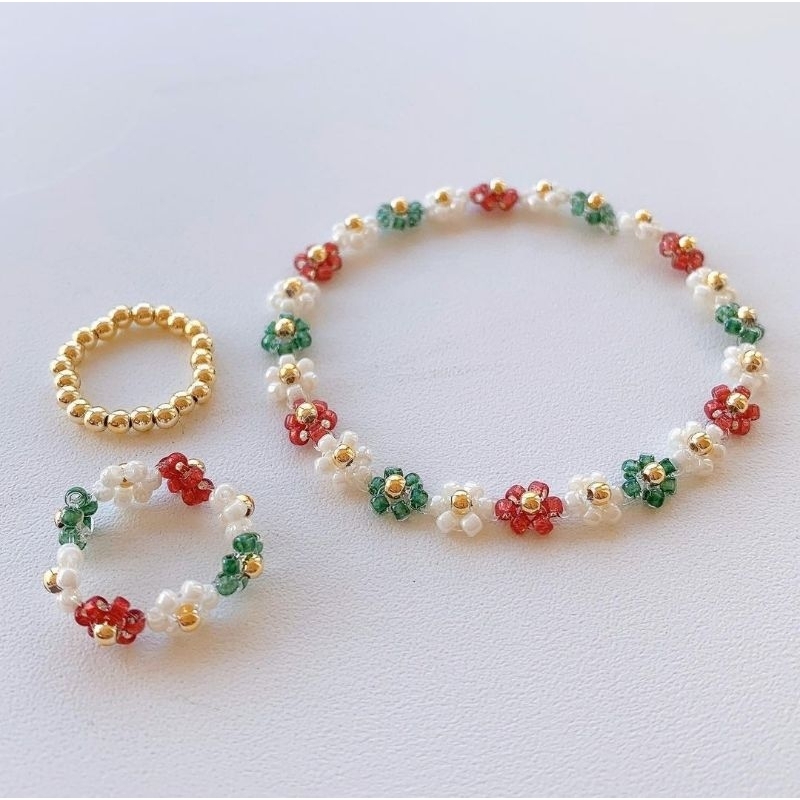 Set Gelang Cincin Daisy Flowe Red Green White Bunga