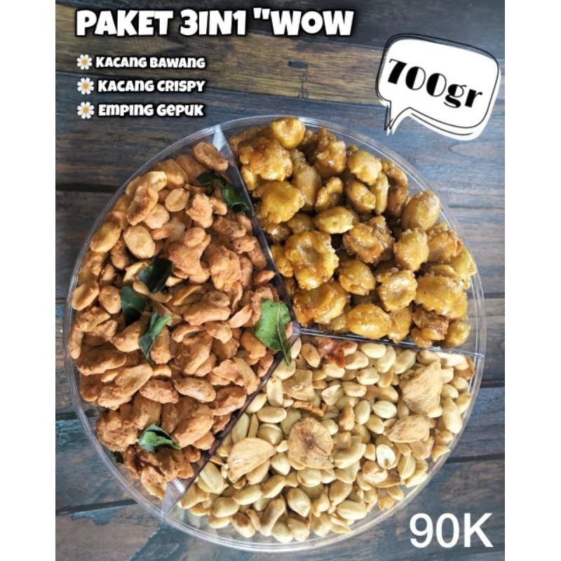 

PAKET"3IN"WOW(KACANG BAWANG,KACANG CRISPY,EMPING GEPUK)