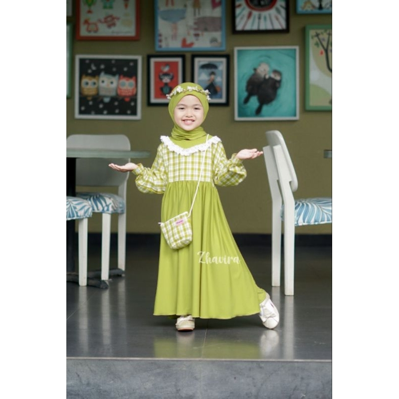 Gamis Ameena Warna OLIVE by Zhavira - Gamis Bayi Balita Anak Perempuan Usia 6bln 12bln 1th 2th 3th 4