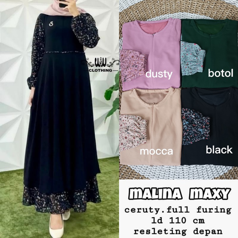 Malina Maxy - Gamis Ceruty Babydoll Full Furing Busui Resleting Depan / 566-7315