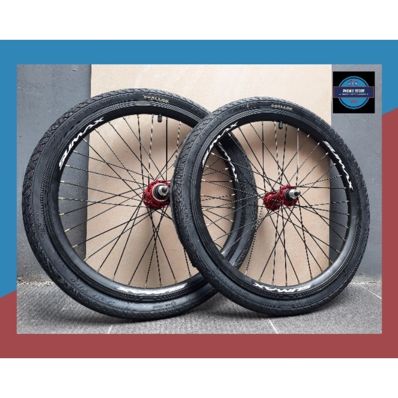 Sepasang Wheel Set 20 SUMAX 20 x 175 36 Hole × Bitex Merah Velg Jadi Pelk Jadi 20 Wheel set 20 Kompl