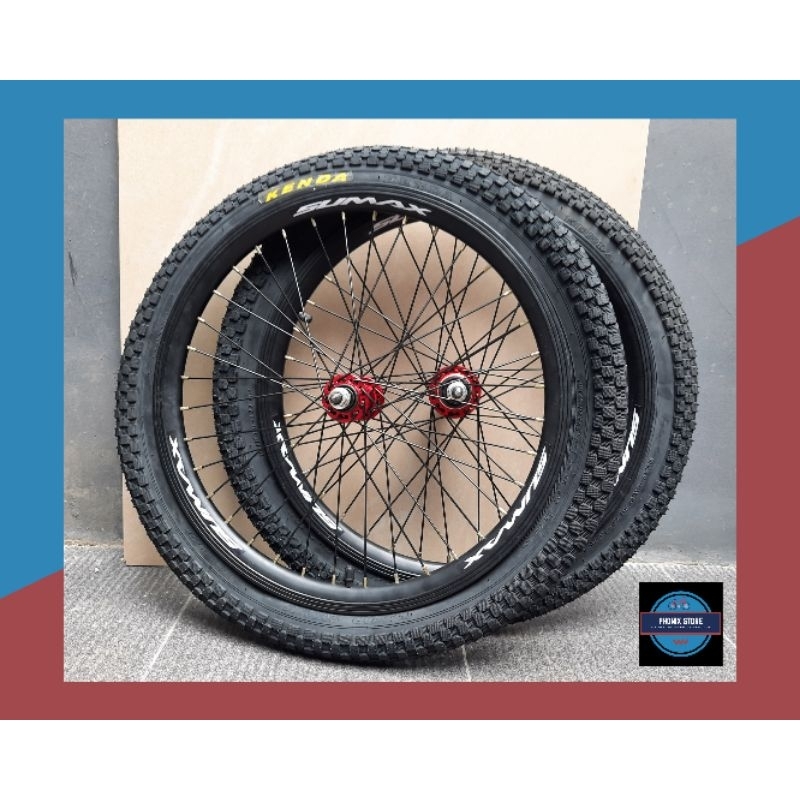 Sepasang Wheel Set 20 SUMAX 20 x 175 36 Hole × Bitex Merah Velg Jadi Pelk Jadi 20 Wheel set 20 Kompl