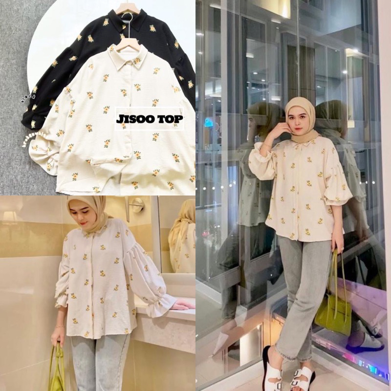 JISOO TOP BLOUSE FLOWER KOREAN LOOK - ATASAN BLOUSE BUNGA BATWING