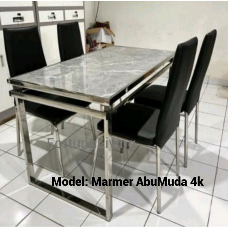 (Free Ongkir Jadetabek) Meja Makan Marmer 4 Kursi dan 6 kursi Rangka Stainless Steel Dining Table Minimalis set