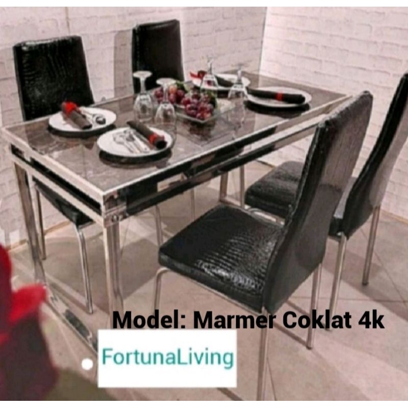 (Free Ongkir Jadetabek) Meja Makan Marmer 4 Kursi dan 6 kursi Rangka Stainless Steel Dining Table Minimalis set