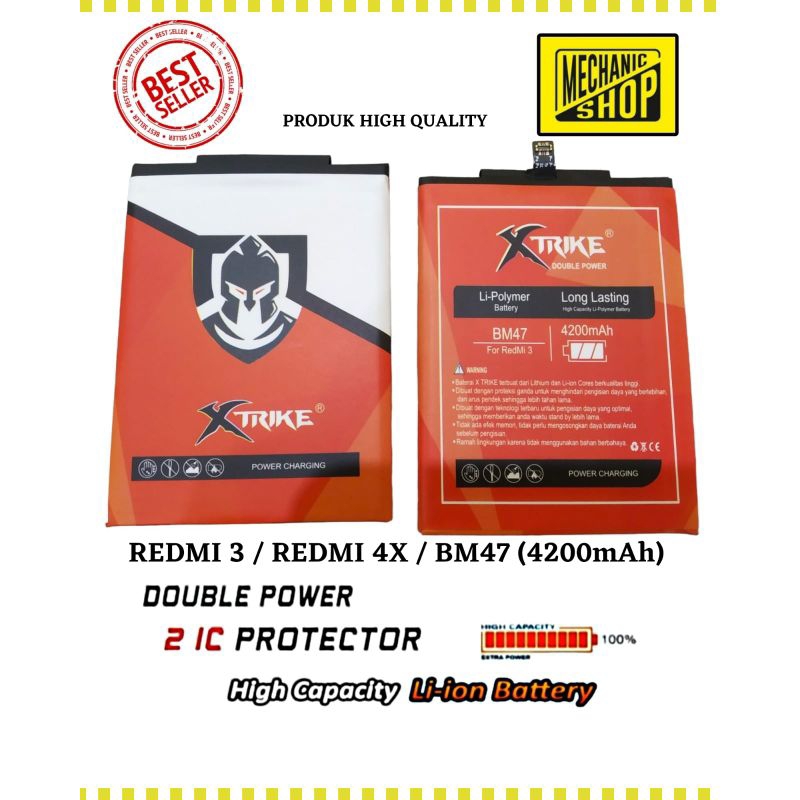 BATERAI XTRIKE XIAOMI REDMI 3/REDMI 4X/BM47 DOUBLE IC PROTECTOR