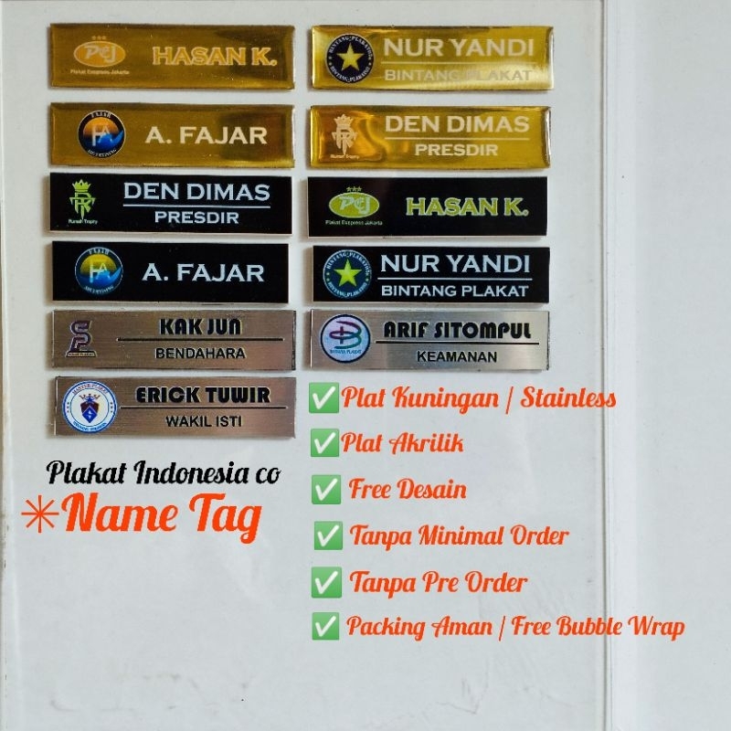 Name Tag | Name Tag Peniti | Name Tag Magnet | Name Tag Akrilik | Coating Akrilik | Custom Kuningan 