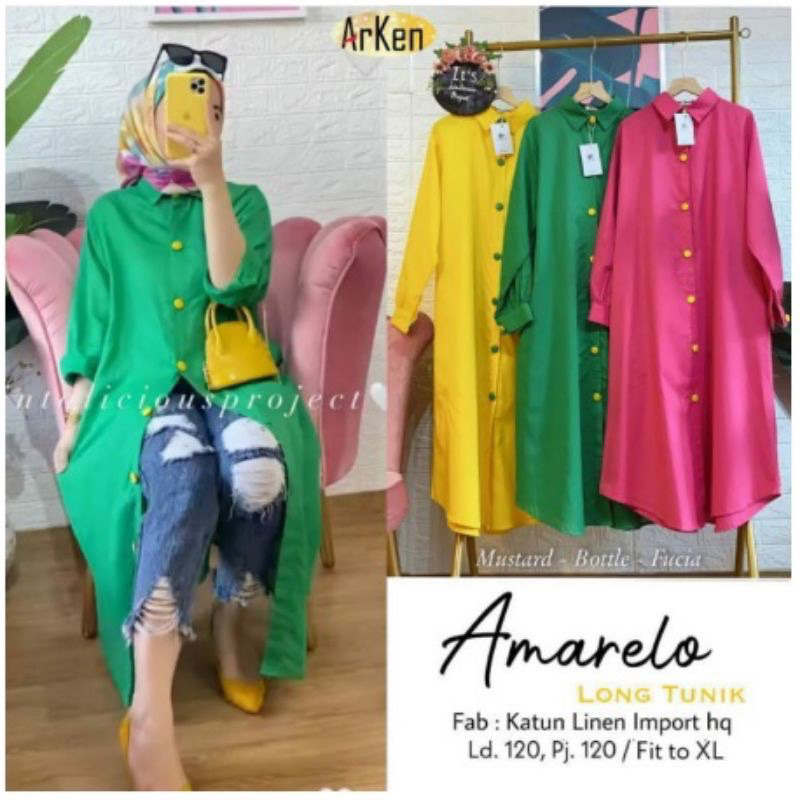 Dress Tunik Amarelo Tunik Full Kancing Depan LD 115 Lengan Panjang Linen Bahan Linen Premium Busui Friendly OOTD Kekinian Remaja Dewasa 2022