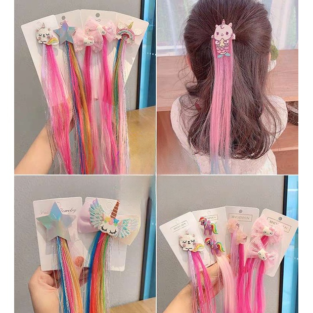 (Hello Girl) F198 Jepit Rambut Unicorn/Jepit Rambut Rainbow Model Rambut Palsu Wig Anak Perempuan Import