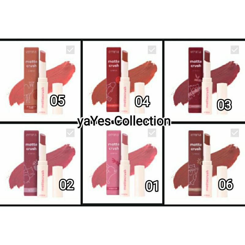 Emina Matte Crush Lipstick 2g Mattecrush 01 Bunny Hop 02 Mauve Squirrel 03 Red Panda 04 Salmon Fam 05 Moroccan Camel 06 Raccoon Paw