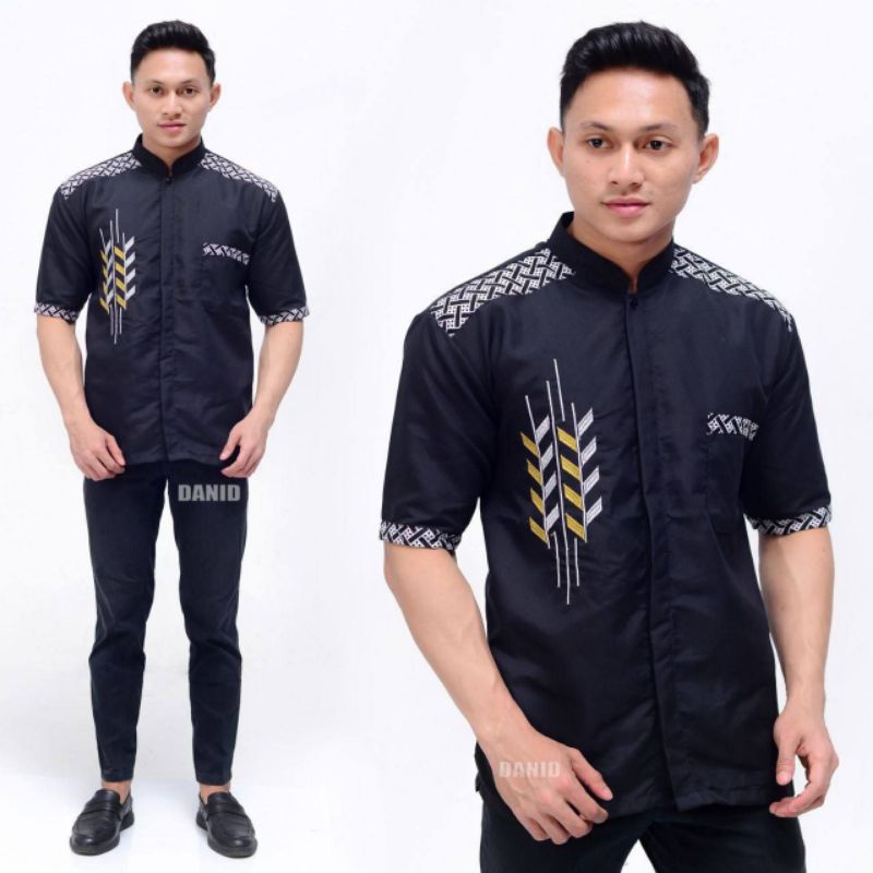 Baju Koko Dewasa Baju koko bordir Lengan pendek Baju koko Model Bordir Pari Baju Koko Pria Baju Koko Muslim Baju Koko Kombinasi Batik Lengan Pendek P027